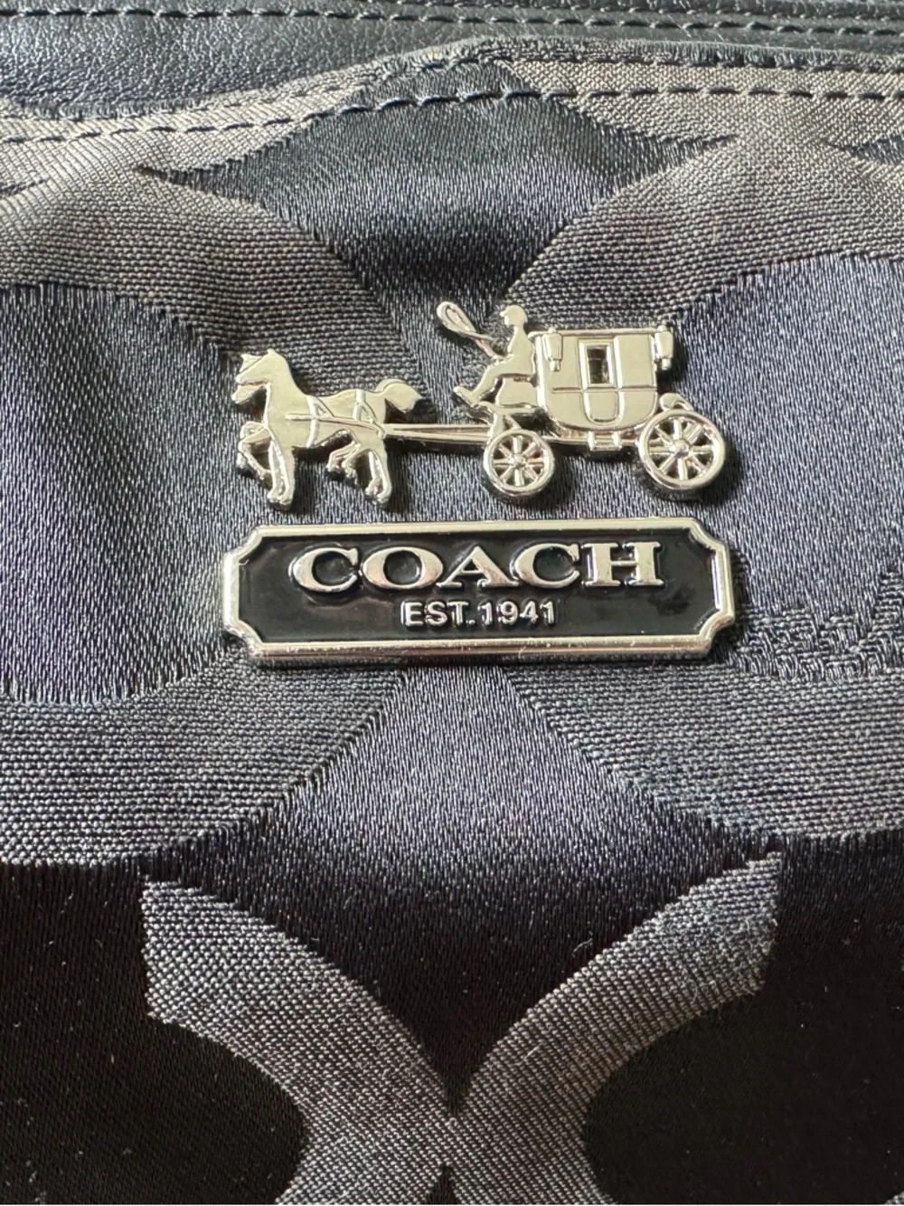 Coach Mia Op Art Signature Logo Large Bag Black/Gray Zip Purple Lining w/ Wallet